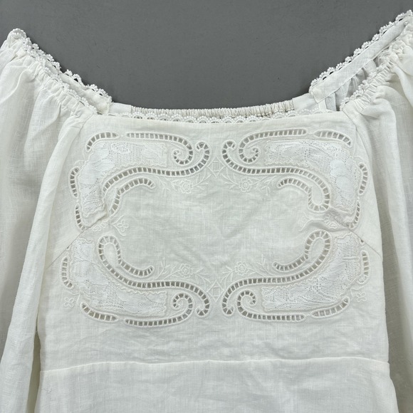 Farm Rio Dress Large White Mini Puff Sleeve Embroidered Linen Cottagecore Boho - Picture 3 of 16